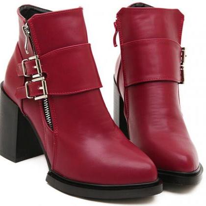 Buckle Design Wine Red Chunky Heel Boots on Luulla