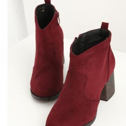 Wine Red Suede Chunky Heel Boots on Luulla