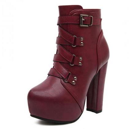 red chunky heel boot