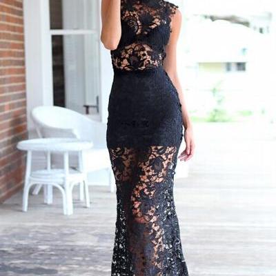 Elegant Turtle Neck Black Lace Dress