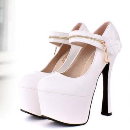 Sexy Zip Up Front Design White High Heels Fashion..