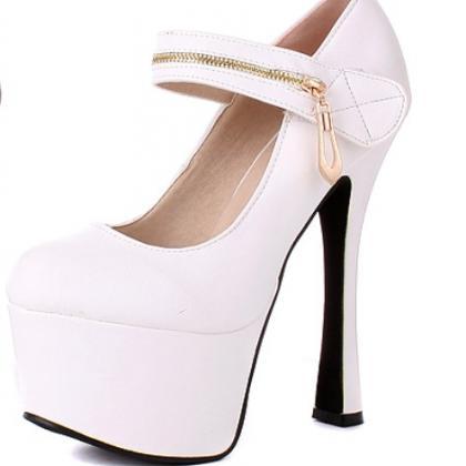 Sexy Zip Up Front Design White High Heels Fashion..