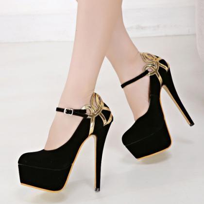 Elegant Gold And Black Ankle Strap High Heels Fashion Shoes on Luulla