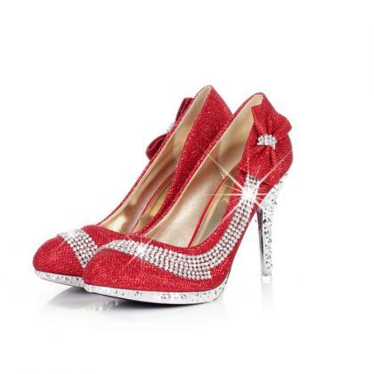 Red Rhinestone And Bow Embellished High Heels..