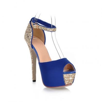 Blue Peep Toe Ankle Strap High Heels Fashion..