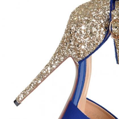 Blue Peep Toe Ankle Strap High Heels Fashion..