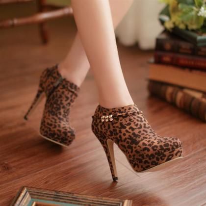 Brown Leopard Print High Heels Fashion Boots