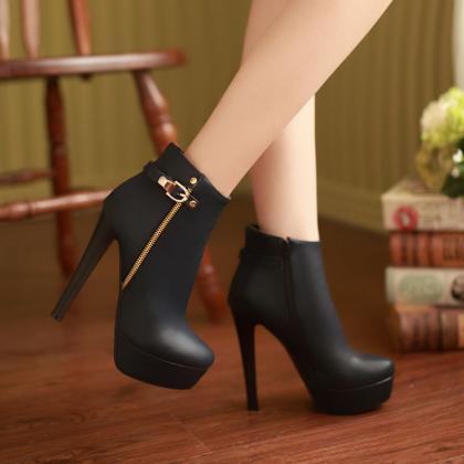 Elegant Black Side Zip High Heels Fashion Boots