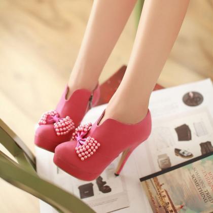 Cute Pink Side Zip Bow Embellished High Heels..