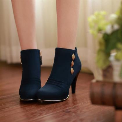 Cute Rivet Design Deep Blue High Heel Boots