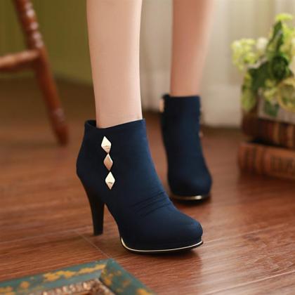 Cute Rivet Design Deep Blue High Heel Boots on Luulla