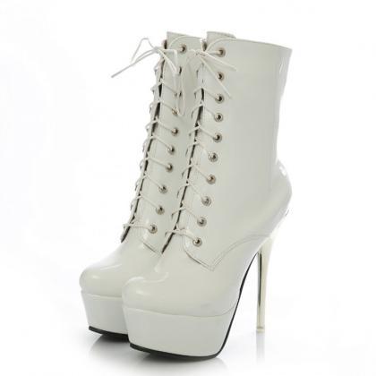 White Lace Up High Heels Fashion Boots