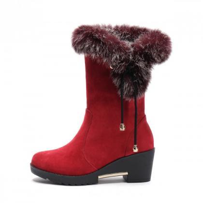 Faux Fur Design Winter Boots In Red And Black