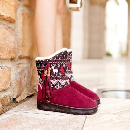 Cute Aztec Design Tassel Winter Boots