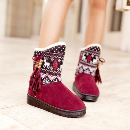 Cute Aztec Design Tassel Winter Boots