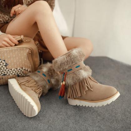 Cute Faux Fur And Tassel Design Winter Boots In..