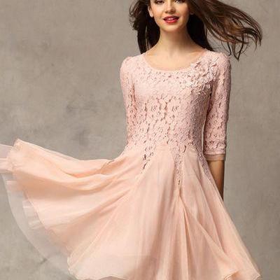 Classy Lace And Chiffon Long Sleeve Dress In Pink..
