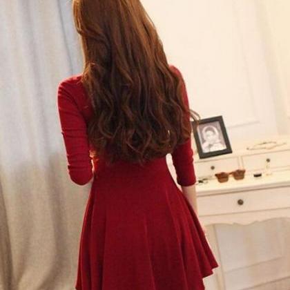 Cute Wine Red Long Sleeve Skater Dress