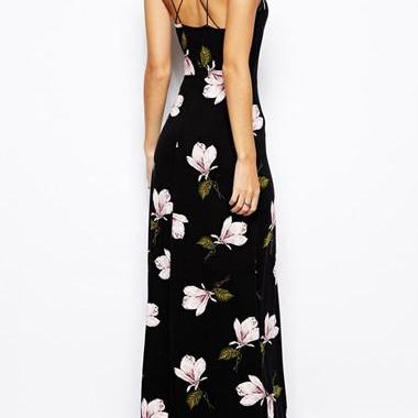 Gorgeous Black Floral Print Side Slit Long Dress