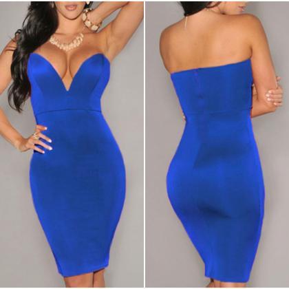 Sexy V Neck Blue Body Con Dress