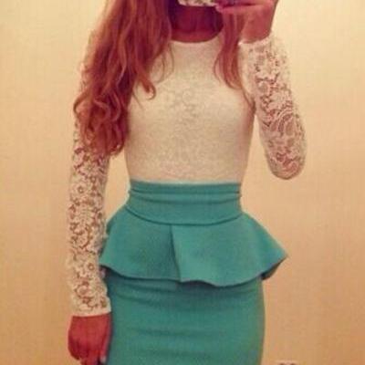 Cute Long Sleeve Lace Peplum Dress