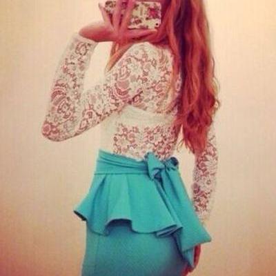 Cute Long Sleeve Lace Peplum Dress