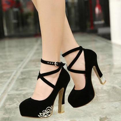 Cross Strap Black High Heels Shoes