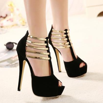 Strappy Black and Gold Peep toe Hig..