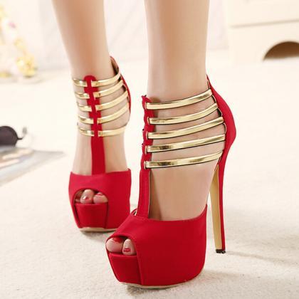 Classy Red And Gold Peep Toe High Heels Sandals