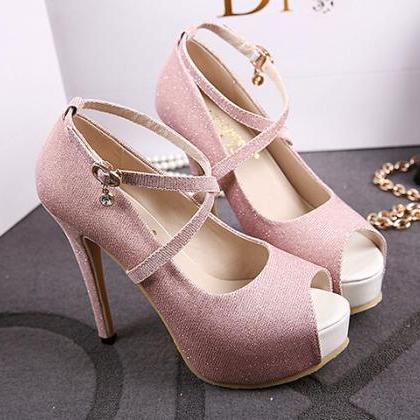 pink peep toe block heels