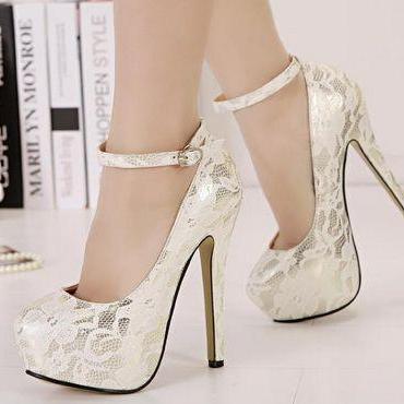Classy White Lace Ankle Strap Design High Heels..