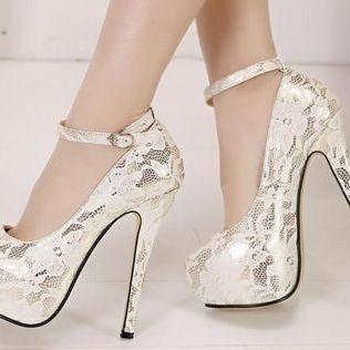 Classy White Lace Ankle Strap Design High Heels..