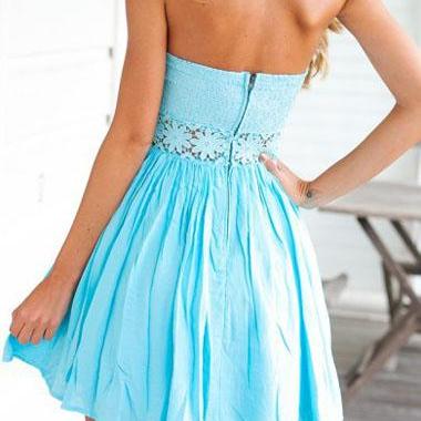 Cute Strapless Light Blue Dress With Lace Detail