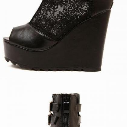 Black Peep Toe Wedge Shoes with Lac..