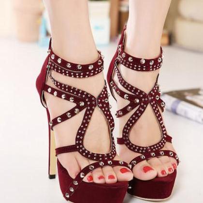Wine Red Rivets High Heels Fashion Shoes on Luulla