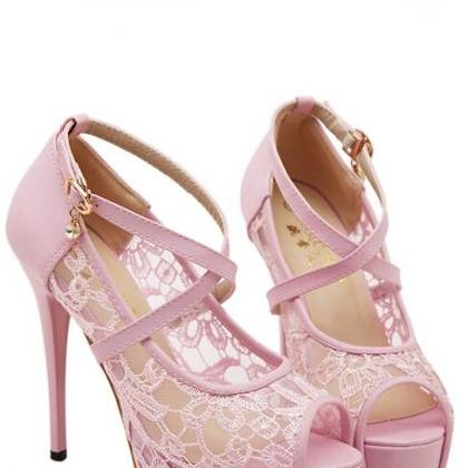 Cross Strap Pink Lace Design Peep Toe Shoes
