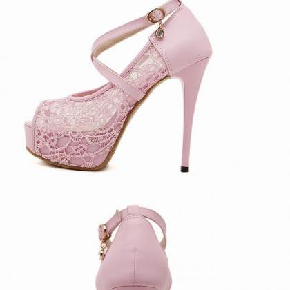 Cross Strap Pink Lace Design Peep Toe Shoes
