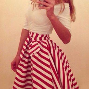 Off Shoulder Red And White Striped A Line Dress