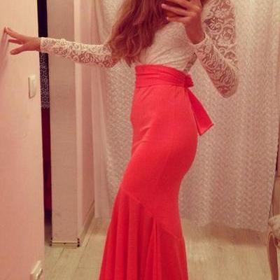 Gorgeous Red And White Long Sleeve Lace Dress