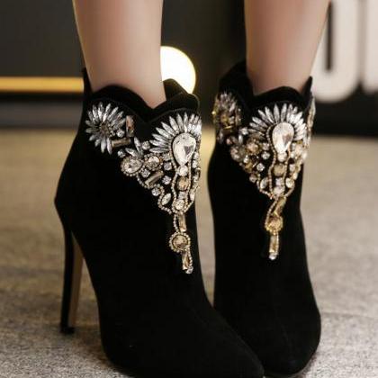 Classy Crystal Studded Black Fashion Boots