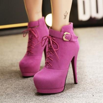 Lace Up Rose Red High Heels Fashion Boots