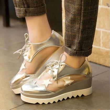 Leather Lace Up Platform Wedge Shoes