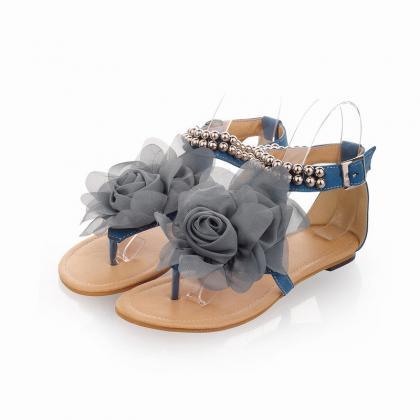 Rose Flat Sandals With Ankle Straps Adorned With..
