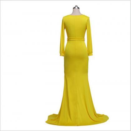 Sexy V Neck Long Sleeve Yellow Dress
