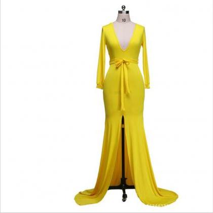 Sexy V Neck Long Sleeve Yellow Dress