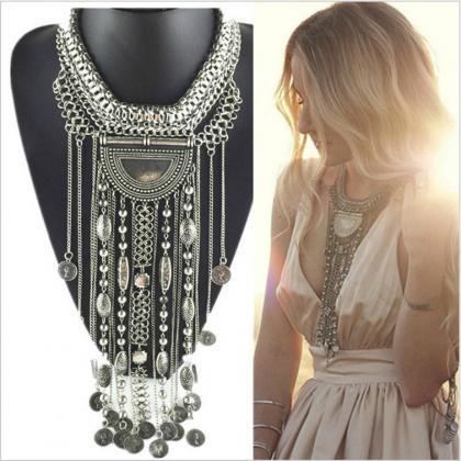 Silver Bohemian Fringe Statement Necklace With..