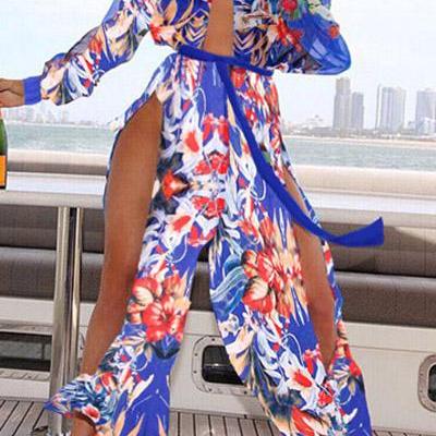 Floral Print Chiffon Long Sleeve Sexy Beach Dress
