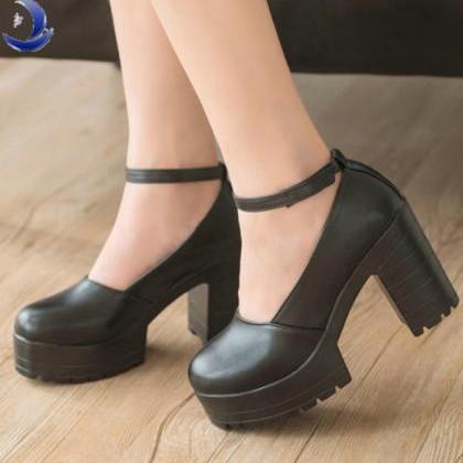 Round Toe Leather Chunky High Heel Platform With..