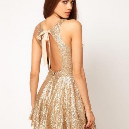 Back Bow Design Gold Sequined Dress