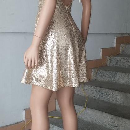 Back Bow Design Gold Sequined Dress